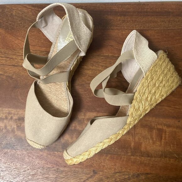 Ralph Lauren Tan Espadrille Wedges with Elastic Straps - Picture 1 of 7
